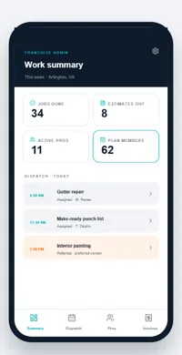 Franchise admin app: work summary and dispatch