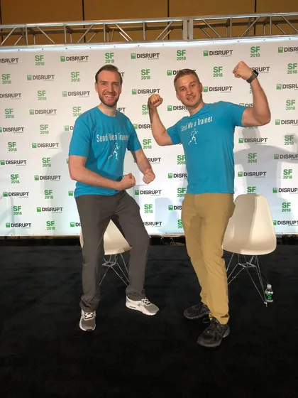 Bary and Muhssin El-Yacoubi in Send Me a Trainer shirts at TechCrunch Disrupt San Francisco 2018