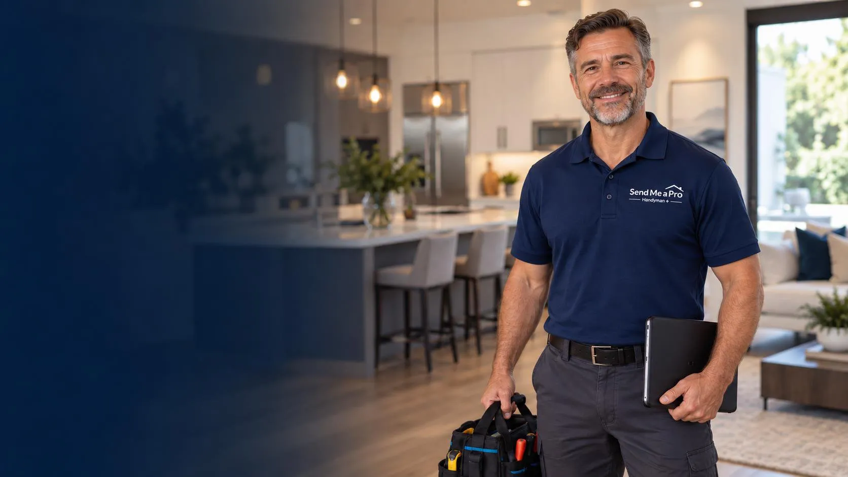 A Send Me a Pro handyman in a homeowner's kitchen