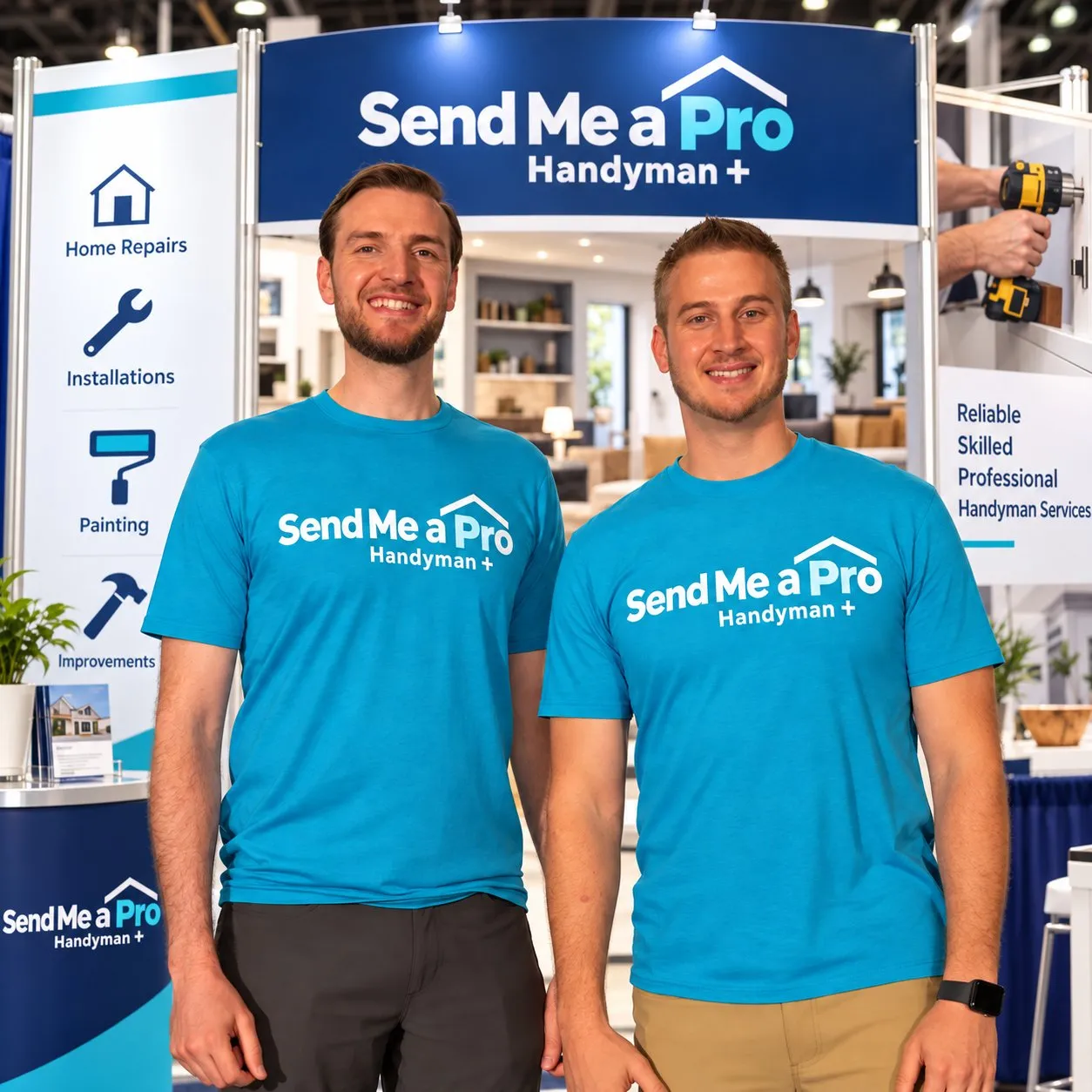 Co-founders Muhssin and Bary El-Yacoubi in Send Me a Pro Handyman + shirts